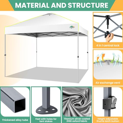COBIZI 10x10 Pop Up Canopy Tent, Outdoor Party Tent with 4 Sidewall One Push Setup Glow, 3 Adjustable Height Air Vent Waterproof UPF50+, Bag, 4 Sandbag, 8 Stake, 4 Rope for Beach, Commercial - color: White, size: 10x10 With 4 Sidewalls