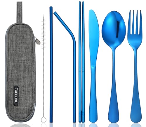 Portable Stainless Steel Flatware Set, Travel Camping Cutlery Set, Portable Utensil Travel Silverware Dinnerware Set with a Waterproof Case (Blue) - color: Blue