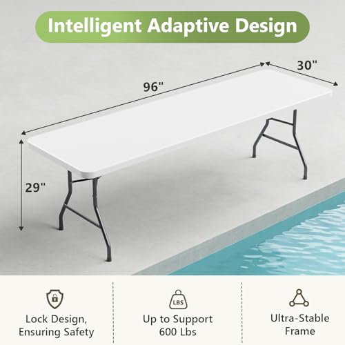8ft Folding Table, Heavy Duty Plastic Card Table with Foldable Steel Legs, Metal Frame Support up to 800 lb, Portable for Indoor, Outdoor, Picnic, Camping, Dining, Party, White - color: White, size: 8FT