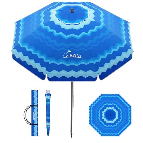 UIRWAY Beach Umbrella, Heavy Duty Windproof Beach Umbrellas with Sand Anchor & Tilt, Sun Protection Portable Beach Umbrella with Carrying Bag for Beach, Patio Garden Pool Outdoor - color: Ocean Wave Blue, size: 8.5FT