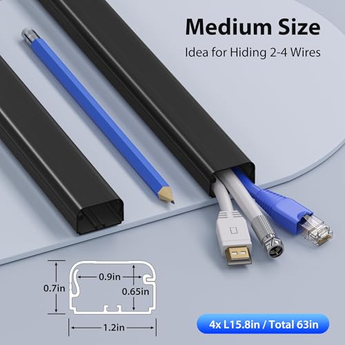 ZhiYo Large Capacity Wire Hiders for TV on Wall for 2-4 Cords, 63in (4xL15.8in) PVC Cable Cover with Adhesive Tape, Snap and Lock Design for Wall Mounted TV, Black Cord Covers for Wires on Wall - color: Black, size: W1.2in x H0.7in - L63in