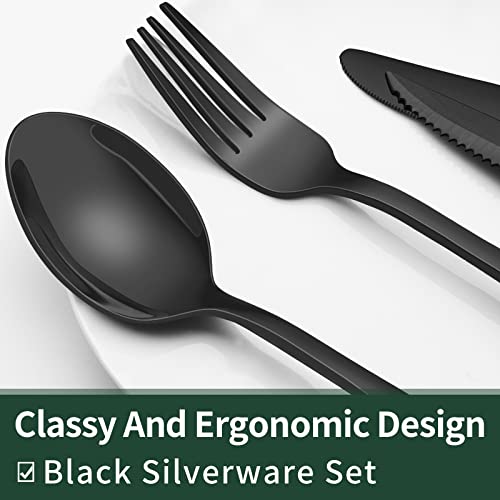 EWFEN 24-Piece Black Silverware Set with Steak Knives, Black Flatware Set for 4, Food-Grade Stainless Steel Tableware Cutlery Set, Mirror Finished Utensil Sets for Home Restaurant, Round Edge - style: Round Edge