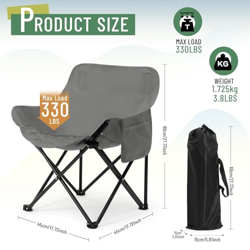 2 Pack Compact Camping Chairs Portable Folding for Outside with Carry Bag Lightweight Moon Chairs for Travel Picnic Hiking Beach Fishing, 600D Oxford, Supports 330lbs(Grey, Black) - color: Grey, Black