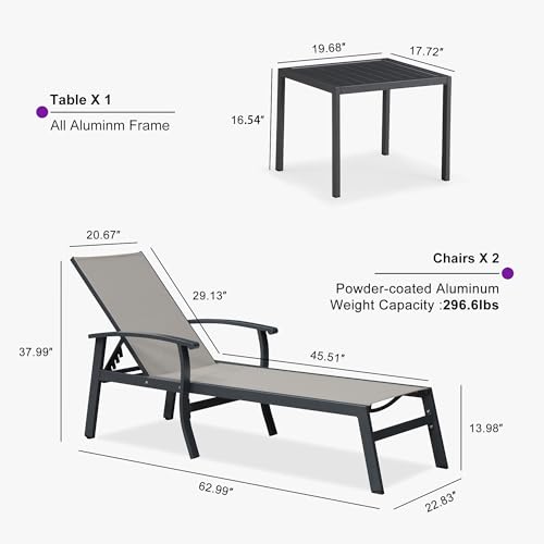 PURPLE LEAF Chaise Lounge Chair Outdoor 2 Pieces Pool Lounge Chairs 5 Adjustable Position with Armrests and Side Table Aluminum Patio Lounge Chair for Outside Backyard Beach Pool, Deep Beige - color: Deep Beige, size: Standard
