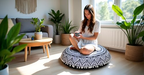 CRAFT KALA 22" Round Mandala Boho Pillow Cover Meditation Room Seating Poufs Cover for Living Room Yoga Room Home Bedroom Balcony Garden Party Decoration Cotton Floor Cushion Cover Black White Flower - color: Black and White Flower, size: 22"