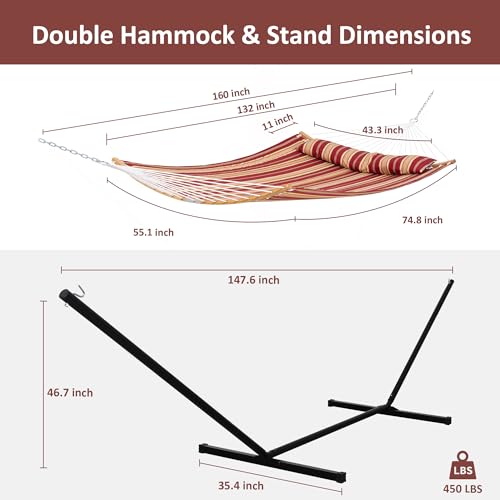 SUNCREAT Hammocks Portable Hammock with 12 ft Stand Included, Double Hammock with Curved Spreader Bar, Red Stripes - color: Red Stripes