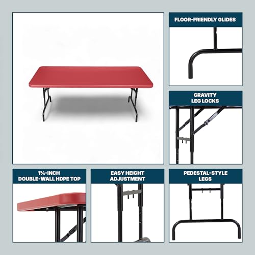OEF Furnishings OEFBTA-3072-40 Adjustable-Height Commercial-Grade Premium Industrial Folding Table, 6-Foot Pedestal-Leg Design with 17-Gauge Steel Frame and Thick Double-Wall Top (72" × 30", Red Top) - color: Red