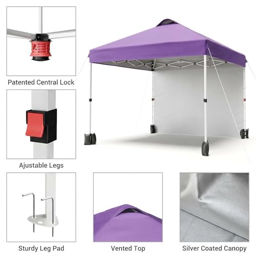 Garvee 10x10 Pop Up Canopy, Easy Up Outdoor Canopy Tent with Removable Sidewall, Portable Instant Commercial Tent Shelter with Vented Roof Roller Bag for Camping Picnic Beach, Purple