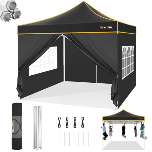 Hoteel 10x10 Pop Up Canopy Tent Heavy Duty with 4 Sidewalls, Waterproof Party Tent, Easy Set-up Commercial Instant Tents with Hand Bag & Rope & Nail, Hexagonal Leg (1-Year Warranty) - color: Black, size: 10×10 （4 Walls）