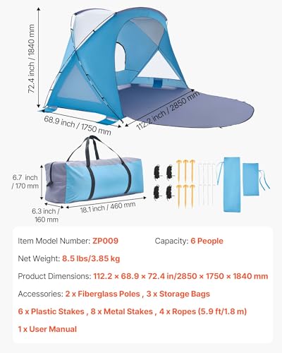VEVOR Beach Tent Sun Shelter for 6 Person, UPF 50+, Portable Sun Shade Beach with Carrying Bag & Sand Pockets, Lightweight and Easy Setup Beach Umbrella for Family Camping Outdoor Picnic - size: 6 Person