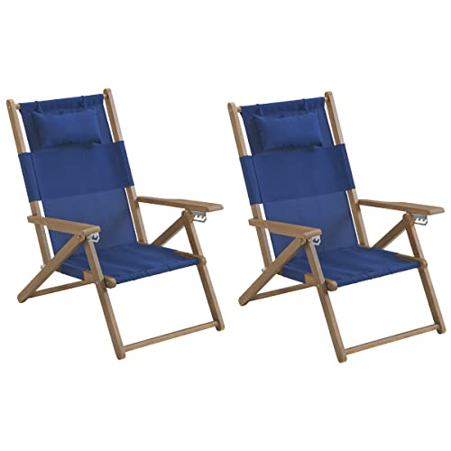 Lavish Home Set of 2 Beach Chair - Outdoor Weather-Resistant Wood Folding Chair with Backpack Straps - 4-Position Reclining Seat - Beach Essentials (Blue) - color: Blue, style: Set of 2