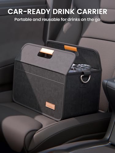 Fluxynara 6-Cup Reusable Felt Drink Carrier with Handle and Adjustable Shoulder Strap, Drink Holder for Car, Multi-Cup Drink Carrier Bag for Delivery, Travel, Picnics (Black) - color: Black, size: 6 Cups