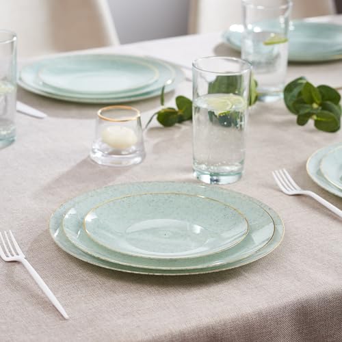 PLASTICPRO 32 Pack Elegant Disposable Plastic Plates Combo Set Includes 16 Dinner Plates and 16 Salad Plates Heavy Duty Fancy Party Plates Green Granite Plates with Gold rim - color: Granite Collection Green With Gold Rim