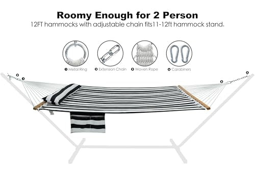 GAFETE Hammock 2 Person Quilted Fabric Hammocks for Outside, Double 12ft Hammocks with Spreader Bar, Large Removable Pillow, Storage Bag, Carabiners, Max 475 lbs Capacity (Black White) - color: Black White