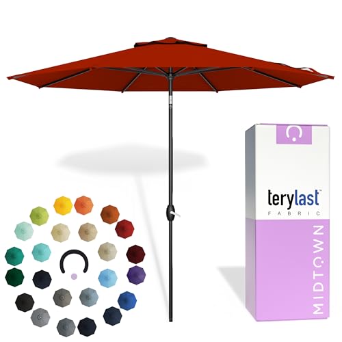 Midtown Umbrellas - 10-Year-No-Fade 10 Ft Patio Umbrella with Terylast Fabric, Auto-Tilt Aluminum Frame and 8 Reinforced Ribs for Deck, Pool, Garden & Beach - Apple Red Canopy, Black Pole - color: Terylast Fabric - Apple, size: 10 Foot