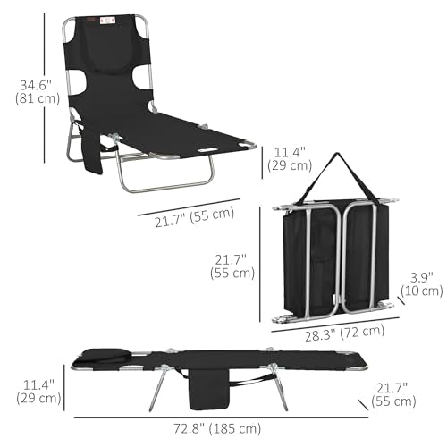 Outsunny Chaise Lounge Chair Outdoor with Face Arm Hole, 5-Position Reclining Face Down Tanning Chair with Carry Strap, Side Pocket, Portable Folding Bed Cot for Patio Beach Pool, Black - color: Black, size: 1 Piece