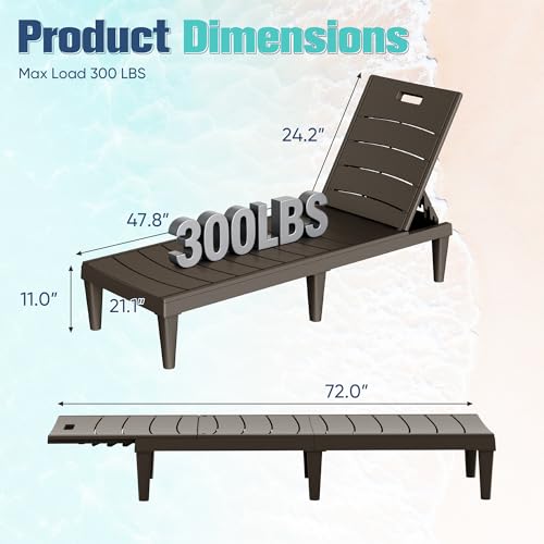 Devoko Outdoor Chaise Lounge Chair Set of 2 with 5-Position Adjustable Back, Waterproof & Lightweight PP Lounge Chairs for Outside Pool Patio (Deep Brown) - color: Deep Brown, size: 72 in Depth