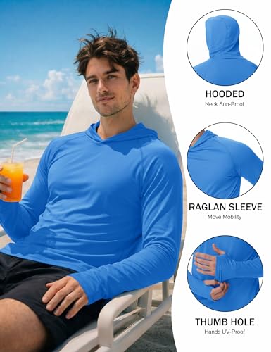 KEFITEVD Men's Sun Protection UPF 50+ Hoodie Shirts Long Sleeve Swimming Fishing Shirt SPF UV Quick Dry Rash Guards - color: Azure, size: Large