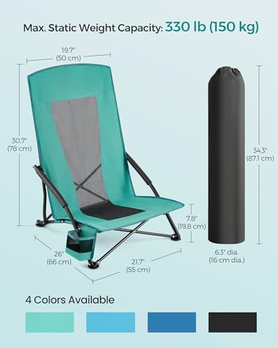 SONGMICS Portable Beach Chair for Adults, Max. Load 330 lb, High Backrest, Cup Holder, Lightweight, Heavy-Duty, Green UGCB061C01 - color: Green, style: 1 Pack