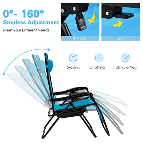 Goplus Zero Gravity Lounge Chairs, 160°Adjustable Folding Recliner w/Pillow and Cup Holder, 350LBS Comfy Outdoor Lounge Chairs for Patio, Lawn, Yard & Camp(Set of 2, Light Blue) - color: Light Blue, size: 35.4" x 25.2" x 43.3" (Set of 2)
