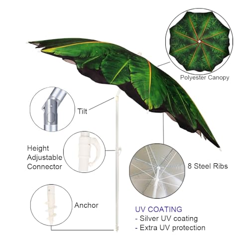 Beach Umbrella with Sand Anchor & Carry Bag, 6.5 Foot Patio Outdoor Umbrella with Wind Vent Canopy and Push Button Tilt, Ideal for Travel Garden Lawn, UPF 50+ (Banana Leaf)