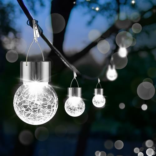 PARTPHONER 12 Pack Hanging Solar Lights Outdoor, Waterproof Solar Globe Lantern with Handle and Clip, Decorative Cracked Glass Ball Lights for Christmas Decor, Tree, Yard, Garden, Patio (Cold White) - color: Cold White, size: 12