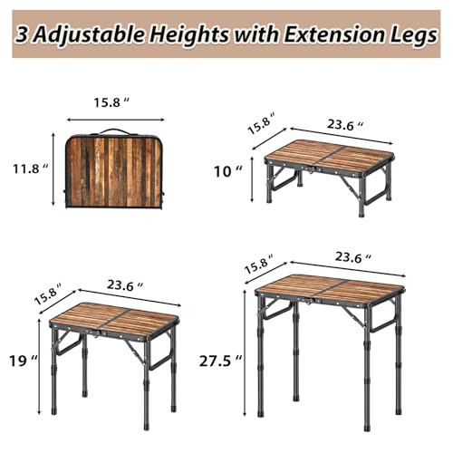 YihuiKo Folding Picnic Table with Storage Net, 3 Adjustable Heights Aluminum Small Folding Table, Lightweight, Portable Carrying Handle, for Camping Travel Outdoor - size: 24"L x 16"W x 27"H Plank-style Wood Grain