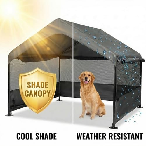 Dog Tent House Outdoor Shade 4'x4'x3' Shelter for Large Medium Pets,Outside Sun Rain Waterproof Canopy with Three-Sided Breathable Mesh Windows,Livestock House with Ground Nails,Dark Gray - color: Dark Gray with Breathable Mesh Windows