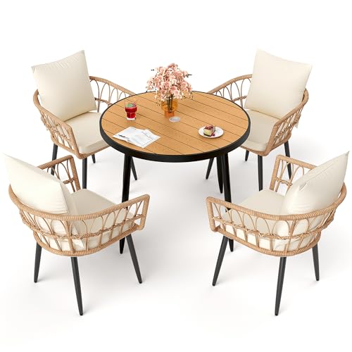 Pamapic 5-Pieces Patio Dining Set with Wood Table Top, All-Weather PE Rattan Patio Furniture Set, Outdoor Dining Furniture with Removable Cushion Chairs & Round Table for Garden Lawn Patio,Cream - color: Cream, size: 5 PCS