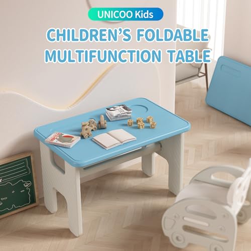 UNICOO Kids Folding Table, Toddler Activity Table for Study, Snack, Art Craft and Play, Portable Plastic Children's Table for Small Spaces, Home and Playroom - color: Blue & Grey