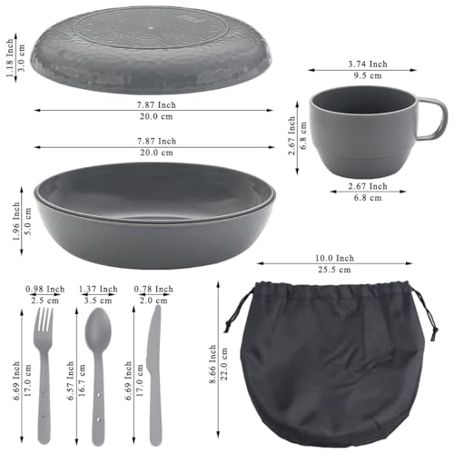 Berglander Camping Mess Kit with Bowl, Plate, Cup, Spoon, Fork, Knife and Carry Bag, Plastic Camping Accessories Essentials Gear for Travel, Camping, Picnic, Outdoor, Easy to Carry & Store - color: 2.Gray