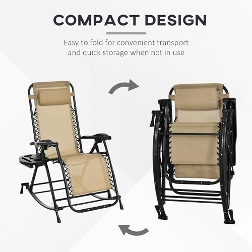 Outsunny Set of 2 Outdoor Rocking Chairs, Foldable Reclining Zero Gravity Lounge Rocker with Pillow, Cup & Phone Holder, Combo Design with Folding Legs, Beige - color: Beige, size: 2 Packs