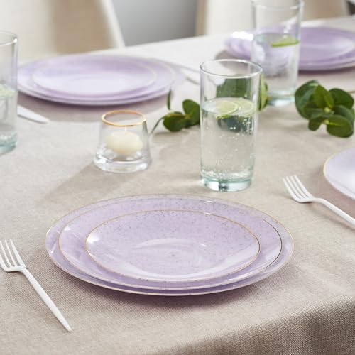 PLASTICPRO 32 Pack Elegant Disposable Plastic Plates Combo Set Includes 16 Dinner Plates and 16 Salad Plates Heavy Duty Fancy Party Plates Purple Granite Plates with Gold rim - color: Granite Collection Purple With Gold Rim