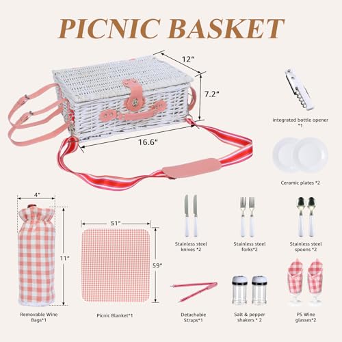 Picnic Basket for 2 with Blanket, Willow Picnic Basket Set with Shoulder Strap&Wine Pouch, Large Willow Hamper with Insulated Cooler for Outdoor, Camping, Beach, Couples, Wedding Gift - color: Pink and White Grid