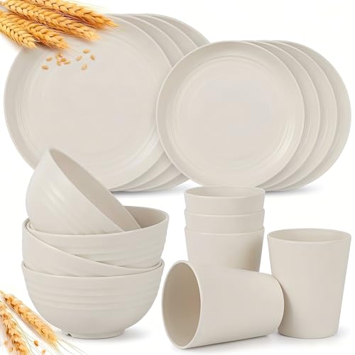16 Pieces Plates and Bowls Sets for 4,Reusable Dishwasher Safe,Unbreakable Wheat Straw Dinnerware Sets of Dishes for Camping,Party,Outdoor Kitchen and RV Essentials(Beige) - color: Beige
