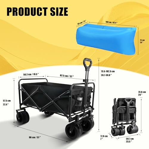 440 LBS Wagons Carts Foldable, Beach Cart with Big All-Terrain Wheels for Sand, Collapsible Folding Wagon with Cup Holders, Utility Carts for Camping, Beach, Garden and Shopping
