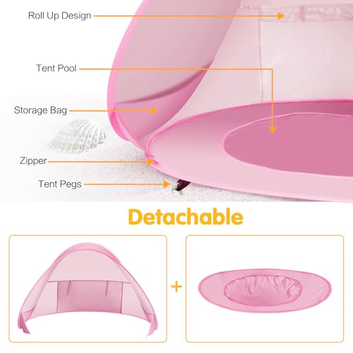 Baby Beach Tent with Pool, Pop Up Sun Shelter UPF 50+ UV Protection for Infant Toddlers, Portable Shade Tent with Carry Bag for Beach Outdoor Travel - color: Pink