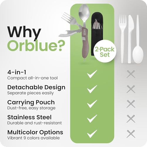 Orblue 4-in-1 Camping Utensils, 2-Pack - Portable Stainless Steel Spoon, Fork, Knife & Bottle Opener Combo Set - Travel, Backpacking Cutlery Multitool, Gray - color: 2-PACK Modern Gray