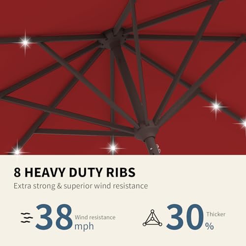 9FT Patio Umbrella with Solar Lights,Outdoor Market Umbrella with Tilt and Crank, LED Lighted Table Umbrella for Garden,Deck,Backyard,Pool,Beach (Red) - color: Red