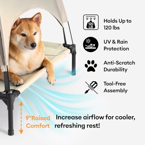 FUNNY FUZZY Elevated Cooling Dog Bed with Canopy(30"x24"x7"), Khaki, Outdoor Raised Dog Cot with Shade, Cooling Breathable Mesh Pet Bed, Portable Waterproof Dog Camping Bed for Large Medium Small Dogs - color: Khaki, size: Medium