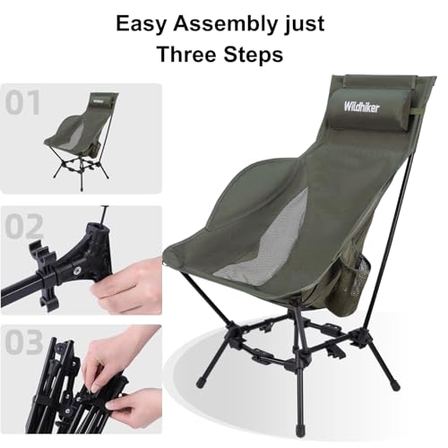 Wildhiker Compact High Back Camping Chair - Foldable with Dual Sitting Modes, Pillow, Arm Pads and Side Pockets - Lightweight Portable Chair for Motorcycle, RV, Festival, Travel - Green - color: Green