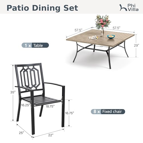 PHI VILLA 9 Pieces Outdoor Dining Set for 8, 57.5" Brown Square Iron Table with Umbrella Hole & Stackable Black Metal Steel Chairs, Large Outside Furniture Set for Patio, Deck, Yard, Porch - color: Hexagon Back Chair, size: 9PCS-57.5" Wood-like Table