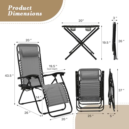 Athena Collection Zero Gravity Outdoor Lounge Chair Set of 2 with Side Table, 25" Width Pool Lounge Lawn Chairs Reclining with Cup Holder, Outdoor Chaise for Beach Patio Backyard Outside, Grey - color: Grey, style: 25" Width