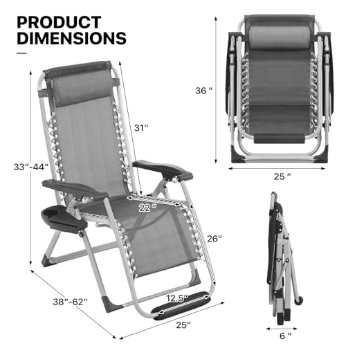 MoNiBloom Zero Gravity Lounge Chair with Cushion, Padded Patio Anti Gravity Recliner, Foldable Outdoor Lounger with Cup Holder Tray, Headrest and Footrest for Beach Camping, Grey - color: Grey, size: Standard with Footrest 1-Pack