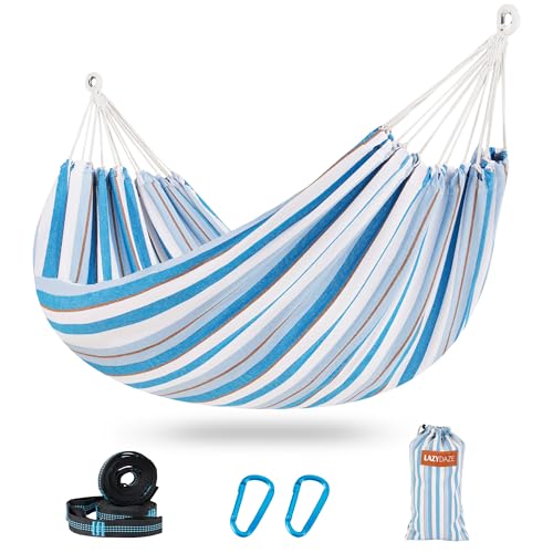 Lazy Daze Hammocks Extra Large Double Hammock, Portable Camping Hammock with Travel Bag & Tree Straps for Outdoor, Camping, Backyard, Patio, 550lbs Capacity, Blue & White - color: Blue & White
