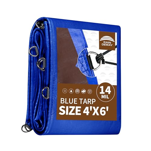 RAINDEWAY Tarp 4x6 Feet Tarps Heavy Duty Waterproof with D-Rings, Reinforced Corners and Edges,UV Resistant,Multipurpose Poly Tarp for Roof,Wood,Camping,Blue/Brown - color: Blue/Brown, size: 4x6 Feet-Finished size