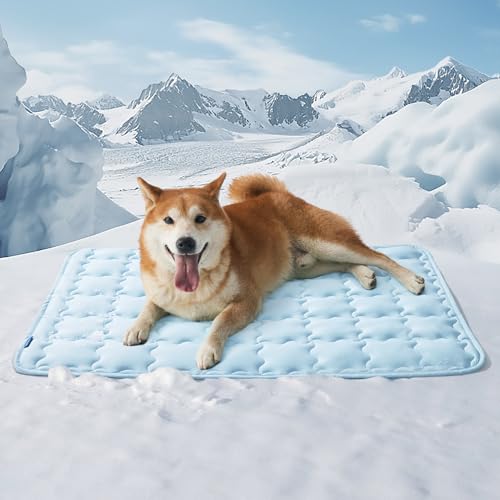 Bedsure Cooling Mat for Large Dogs, Q-Max>0.5 Thin Breathable Cold Crate Pad for Pet, Portable Washable Kennel Bed for Summer Active Dog with Chill Cool Soothing Fabric to Rapid Cooling, 35x23, Blue - color: Baby Blue, size: 35" x 23" (L-Crate)