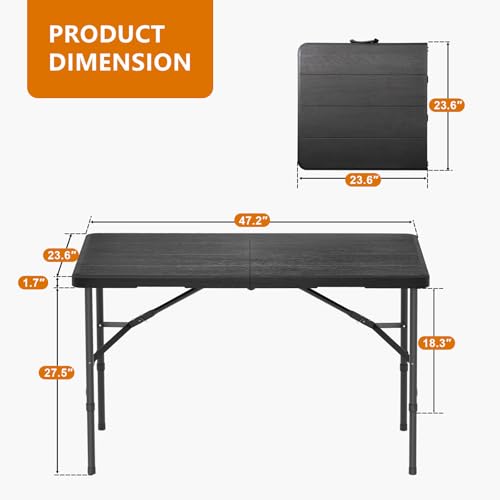 4 Ft Plastic Folding Table,Heavy Duty Portable Table for Indoor & Outdoor,Wood Grain Desktop & 350lbs Weight Capacity,Premium Solutions for Camping,Picnic,BBQ and Party - size: 4 ft (1-Pack) - Black