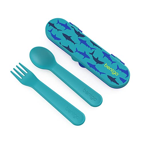 Bentgo Kids Utensil Set - Reusable Plastic Fork, Spoon & Storage Case - BPA-Free Materials, Easy-Grip Handles, Dishwasher Safe - Ideal for School Lunch, Travel, & Outdoors (Shark) - color: Sharks
