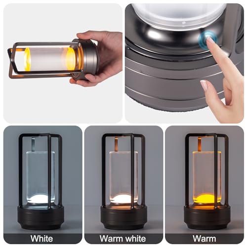 Portable Metal Table Lamp for Indoor/Outdoor ,Rechargeable Cordless LED Lamp, 3-Colour Infinitely Dimming Battery Powered Small Desk Lamp, Restaurant/Bedroom/Bar/Coffee Shop/Camping Light (Grey) - color: Gray